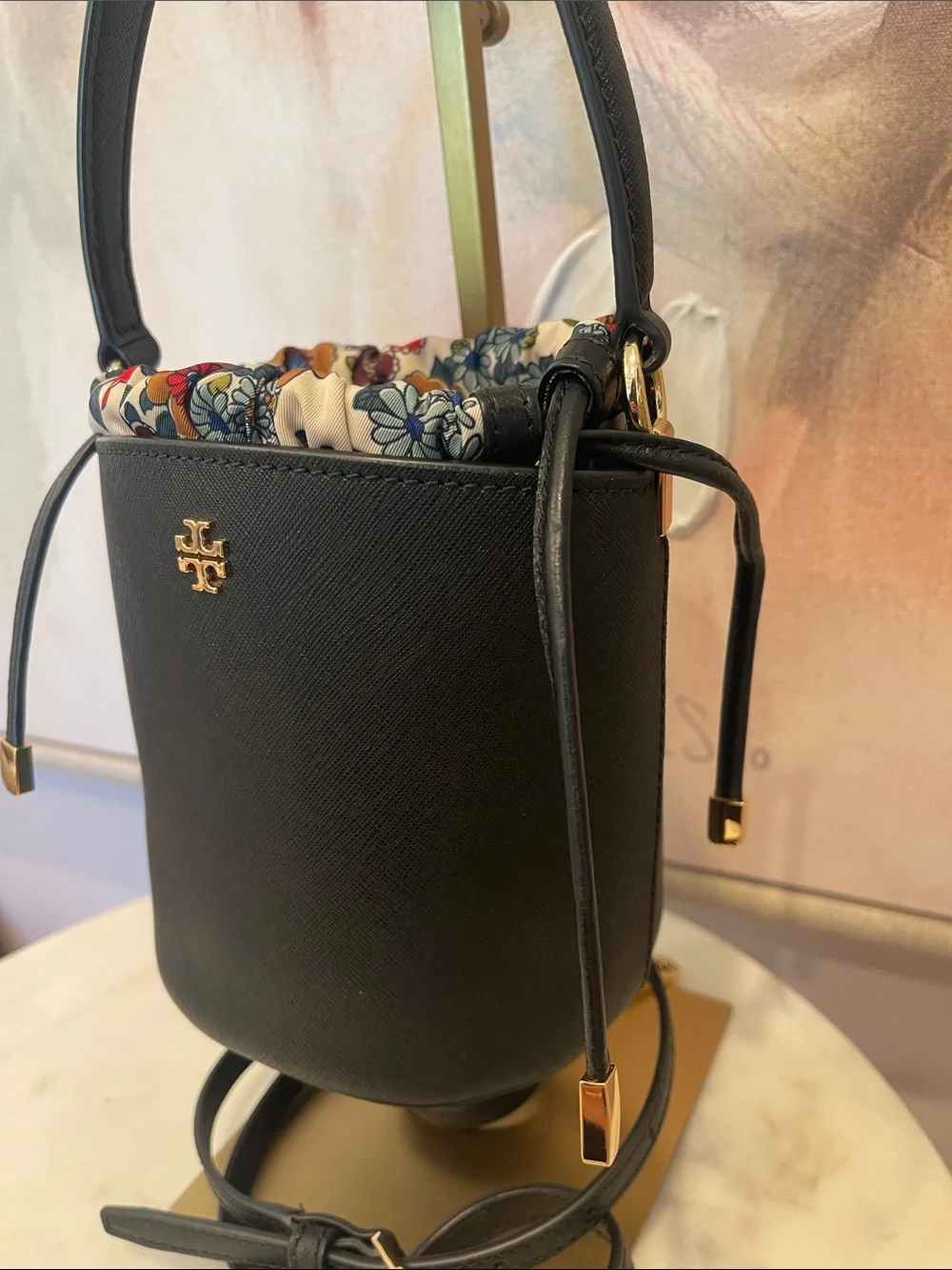 Tory Burch Black Leather Bucket Bag with Floral Lining & Drawstring